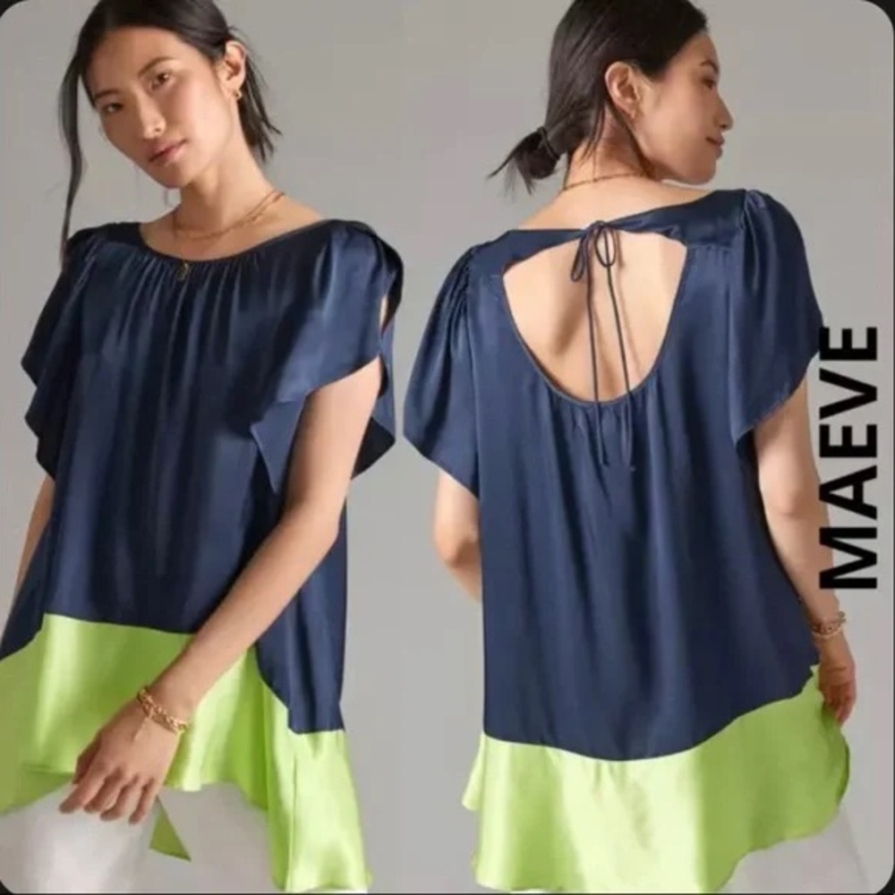 Anthropologie Maeve Satin-like Color Block‎ Tunic Navy and Green sz MEDIUM
